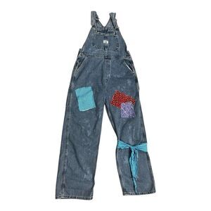 Vintage Lee Dungarees Rivited Denim Blue Bib Overalls Size L Carpenter Patchwork
